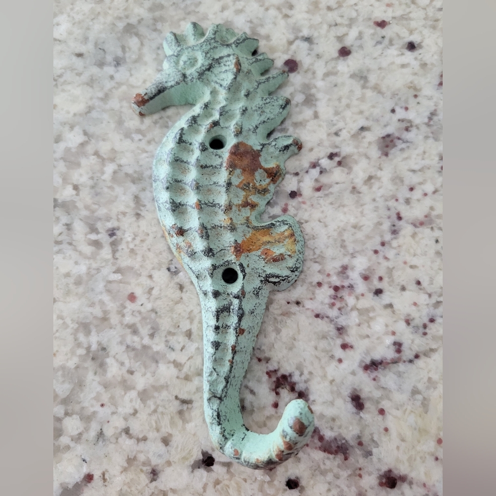 Cast Iron Seahorse Wall Hook Nautical Coat Towel Key Hanger Distressed Blue Teal